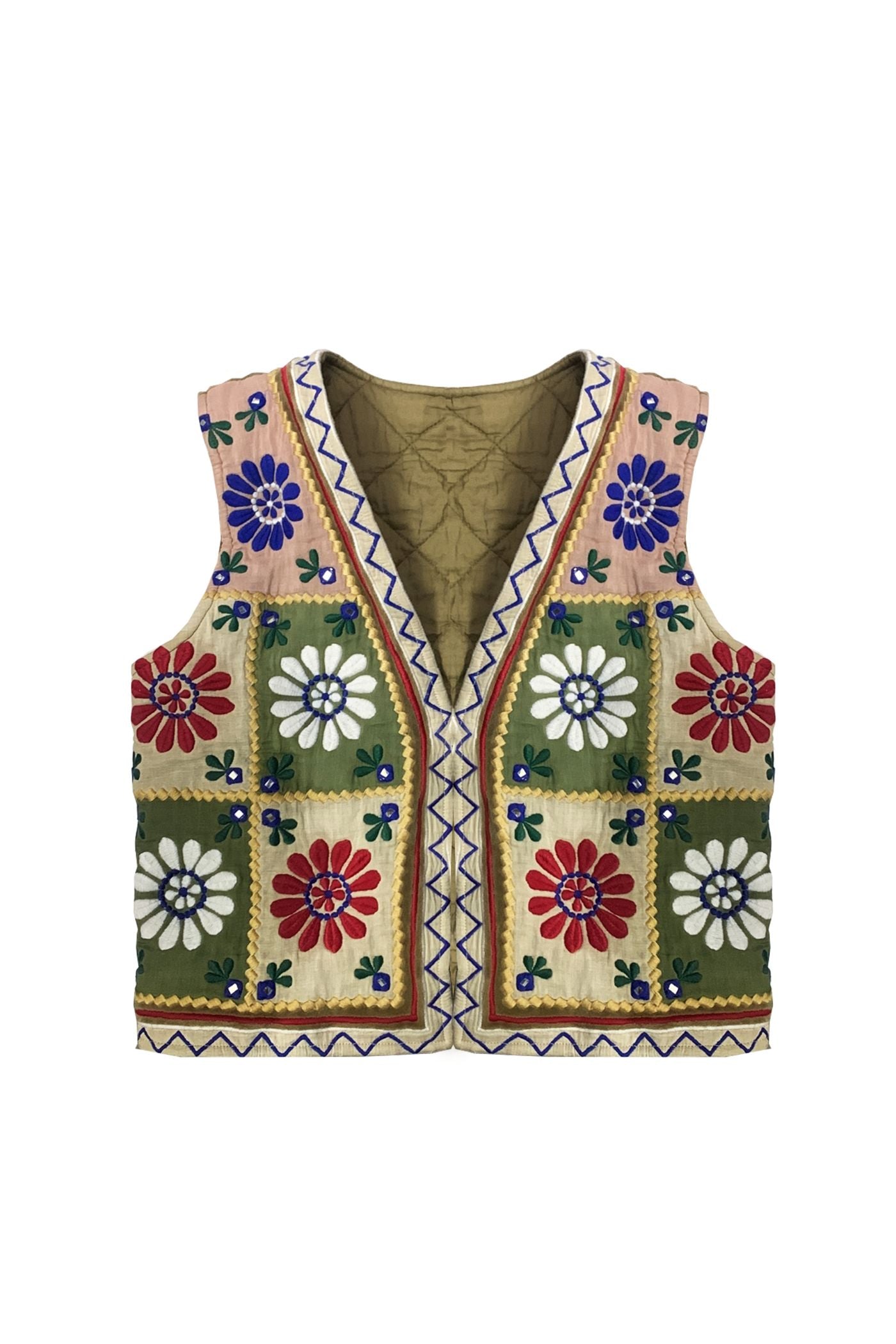 Boléro patchwork brodé en velours kaki