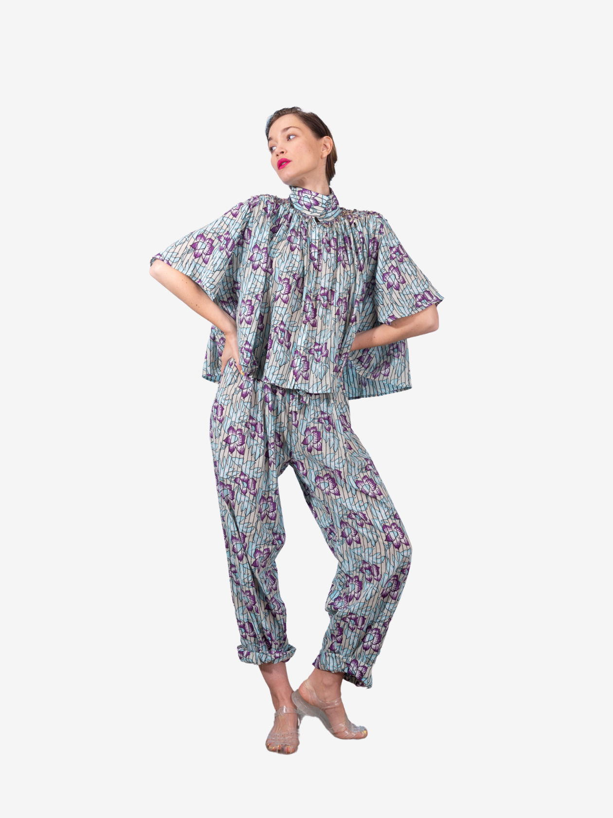Blouse fleurie bleue à pampilles BHUMI