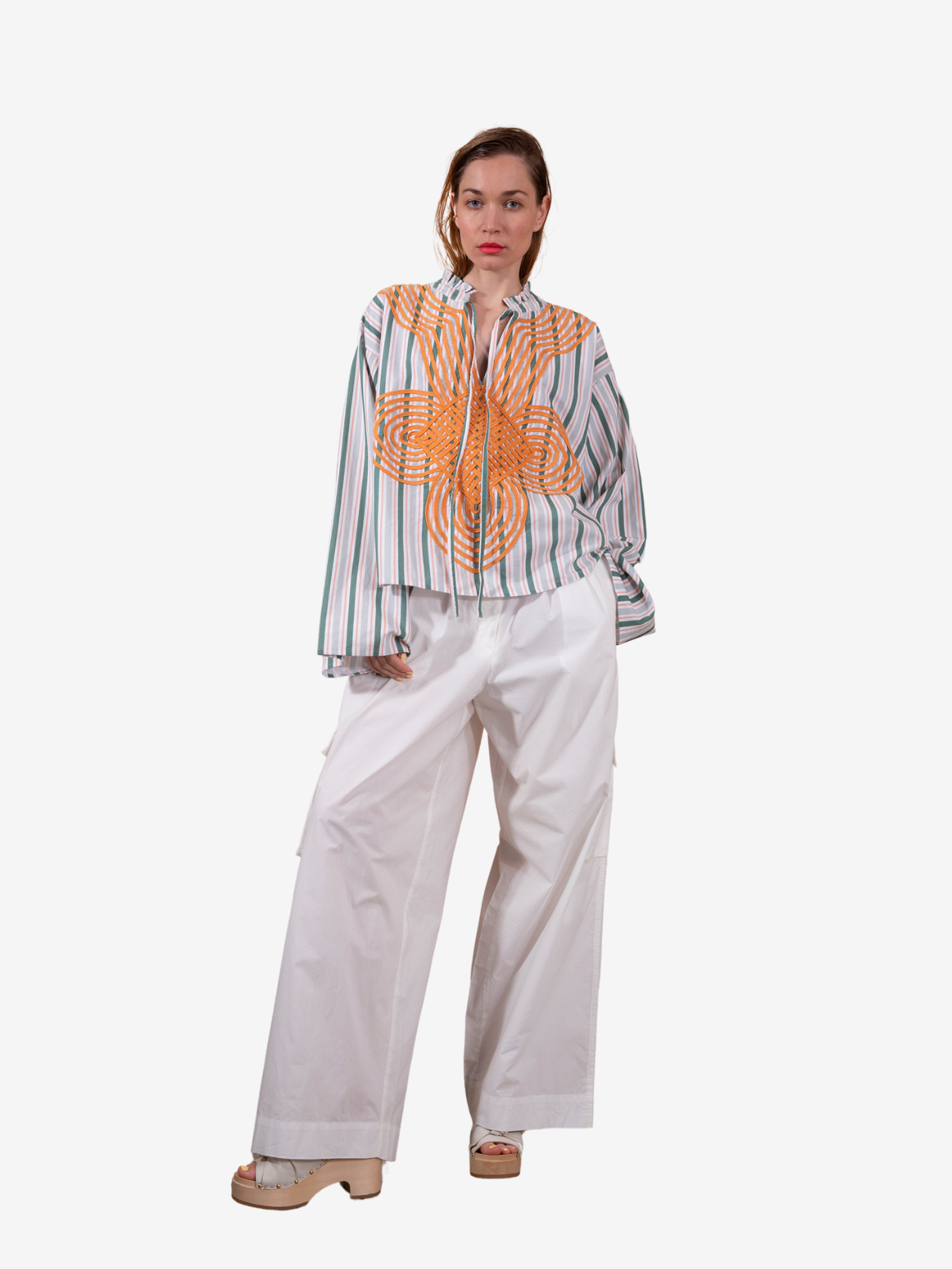 Blouse à rayures oranges brodée GANGA