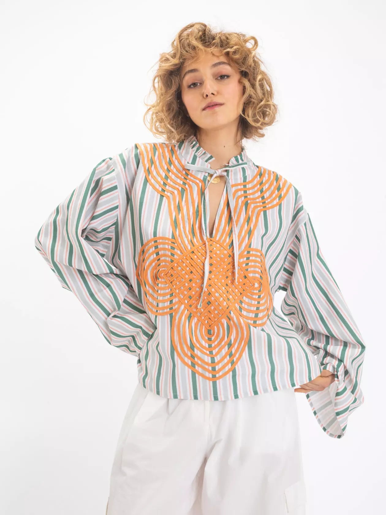 Blouse à rayures oranges brodée GANGA