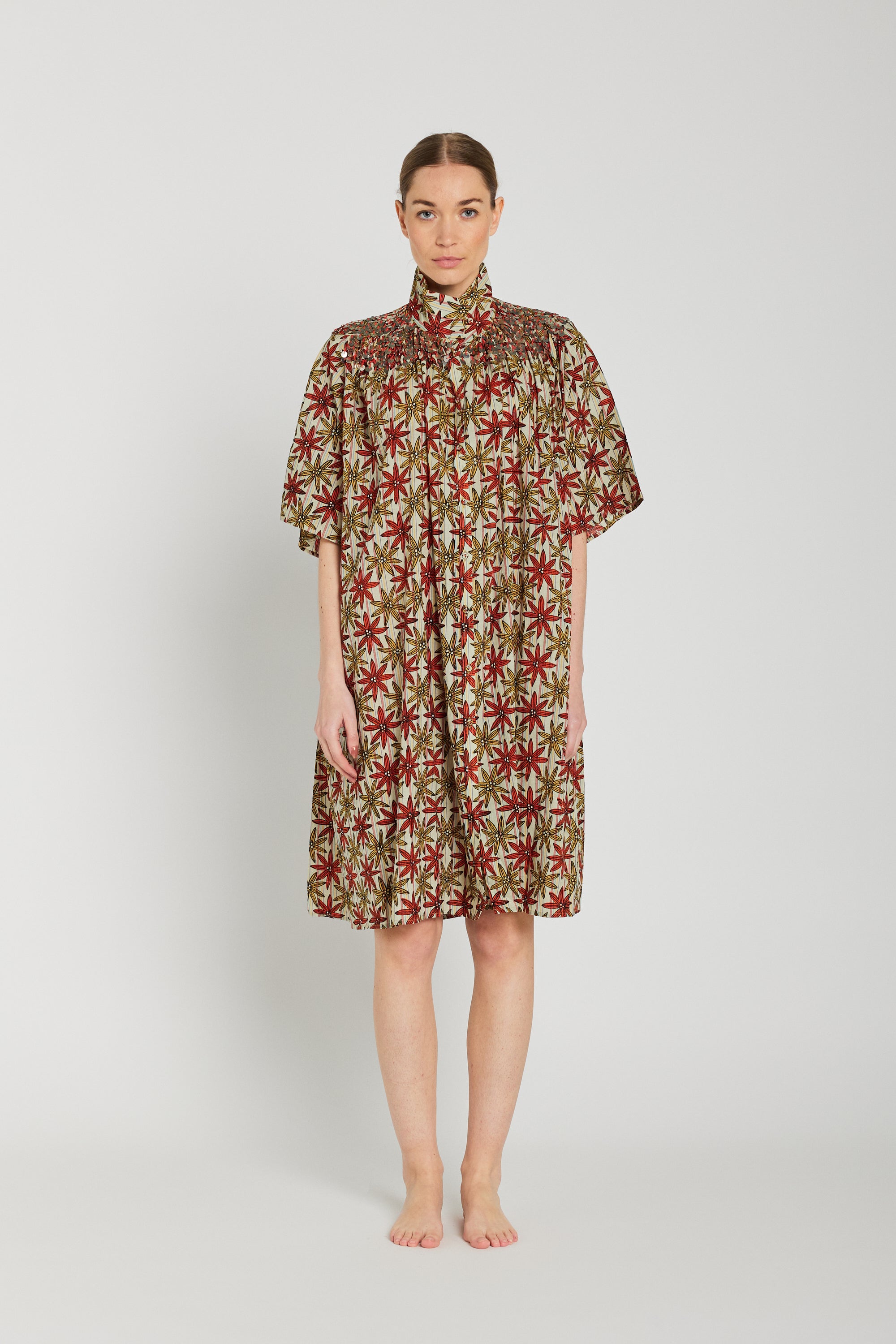 Robe courte fleurie à pampilles brique BHUMI