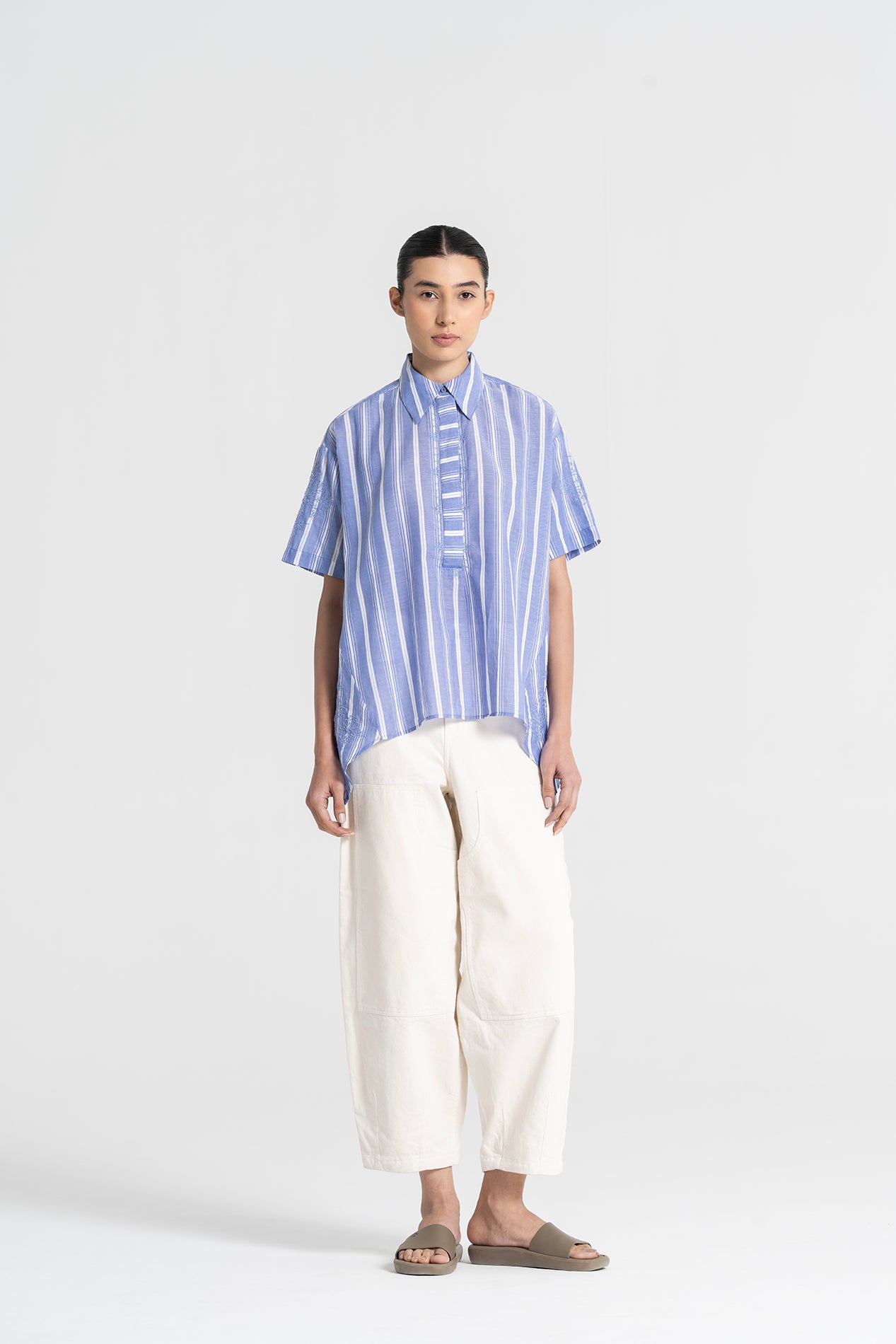 Chemise à rayures bleue brodée BRASILIA