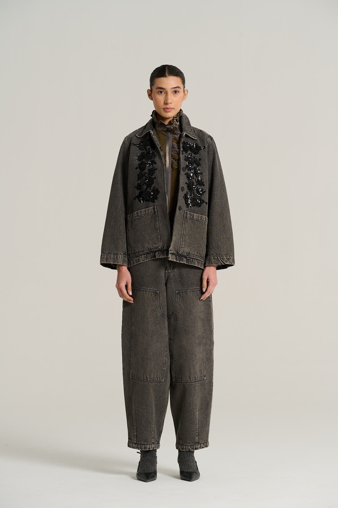 Veste denim noir brodé EMILE