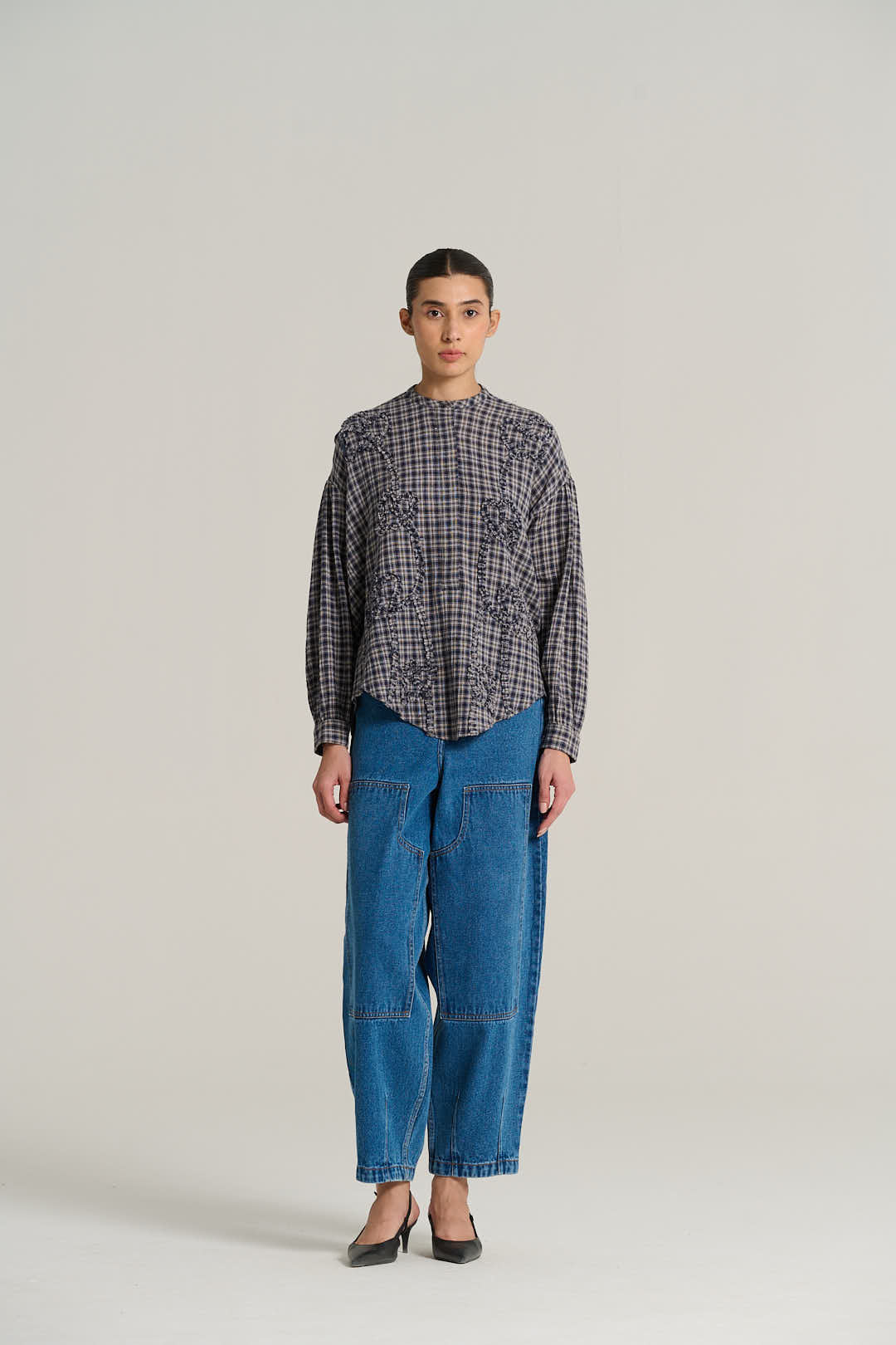 Navy plaid mandarin collar shirt PABLO
