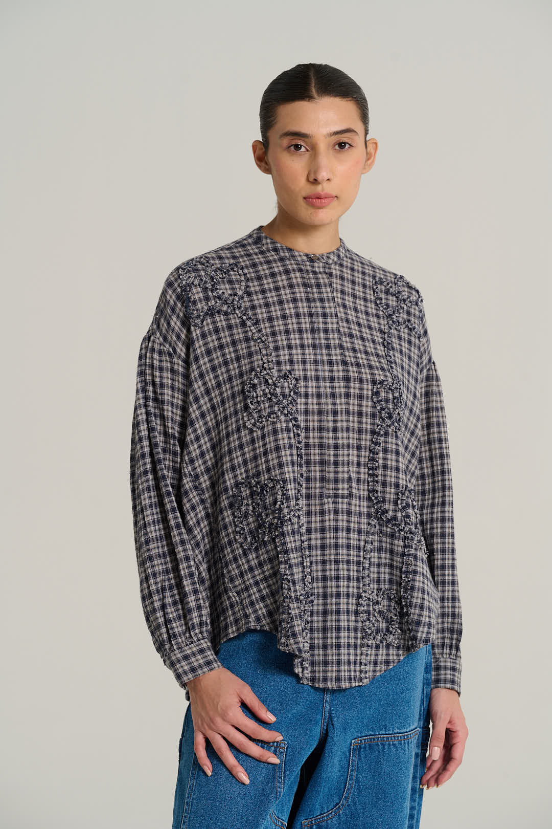 Navy plaid mandarin collar shirt PABLO
