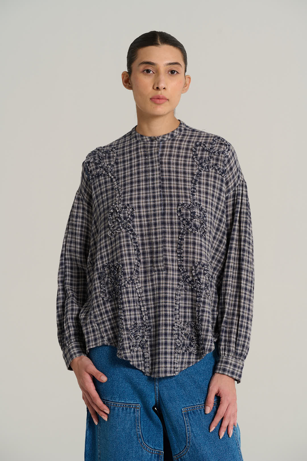 Navy plaid mandarin collar shirt PABLO