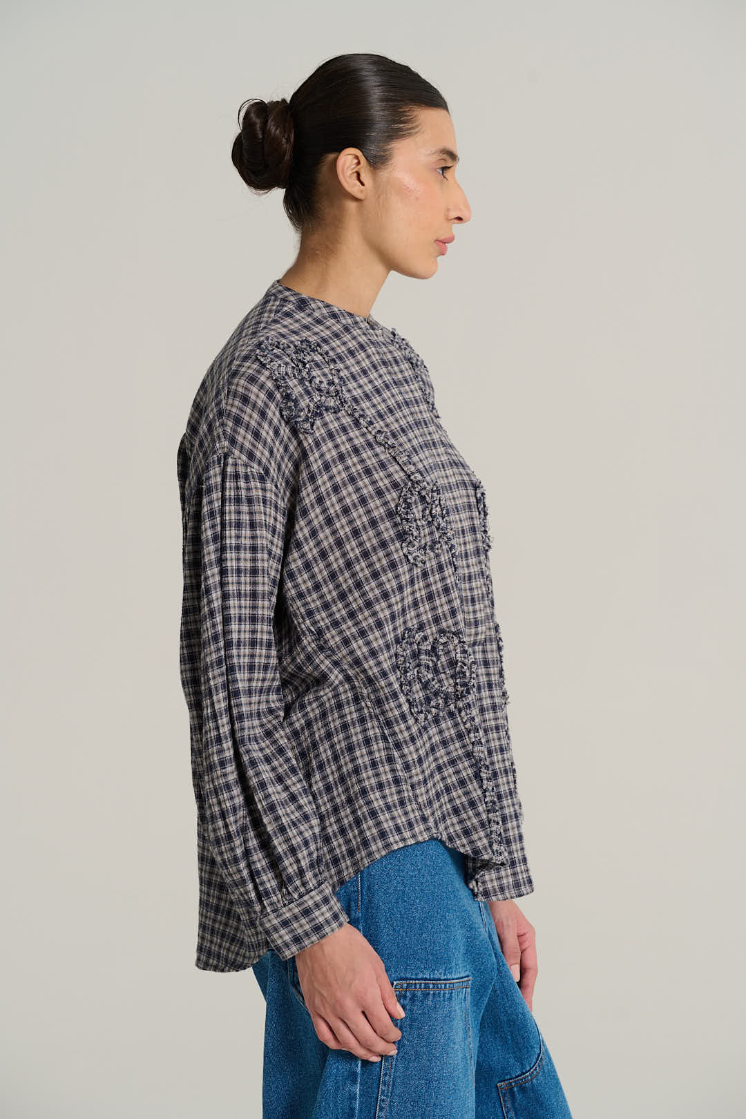 Navy plaid mandarin collar shirt PABLO