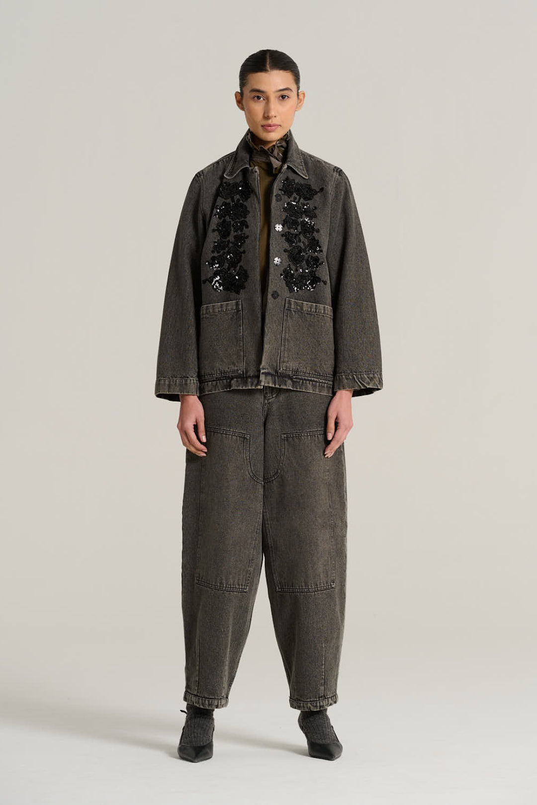 Veste denim noir brodé EMILE