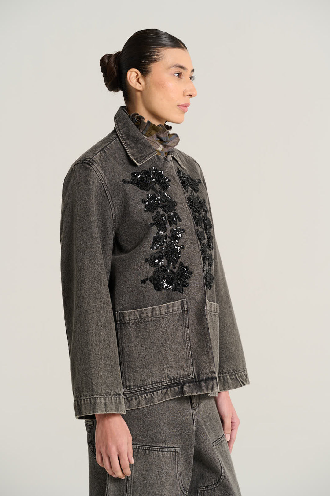 Veste denim noir brodé EMILE