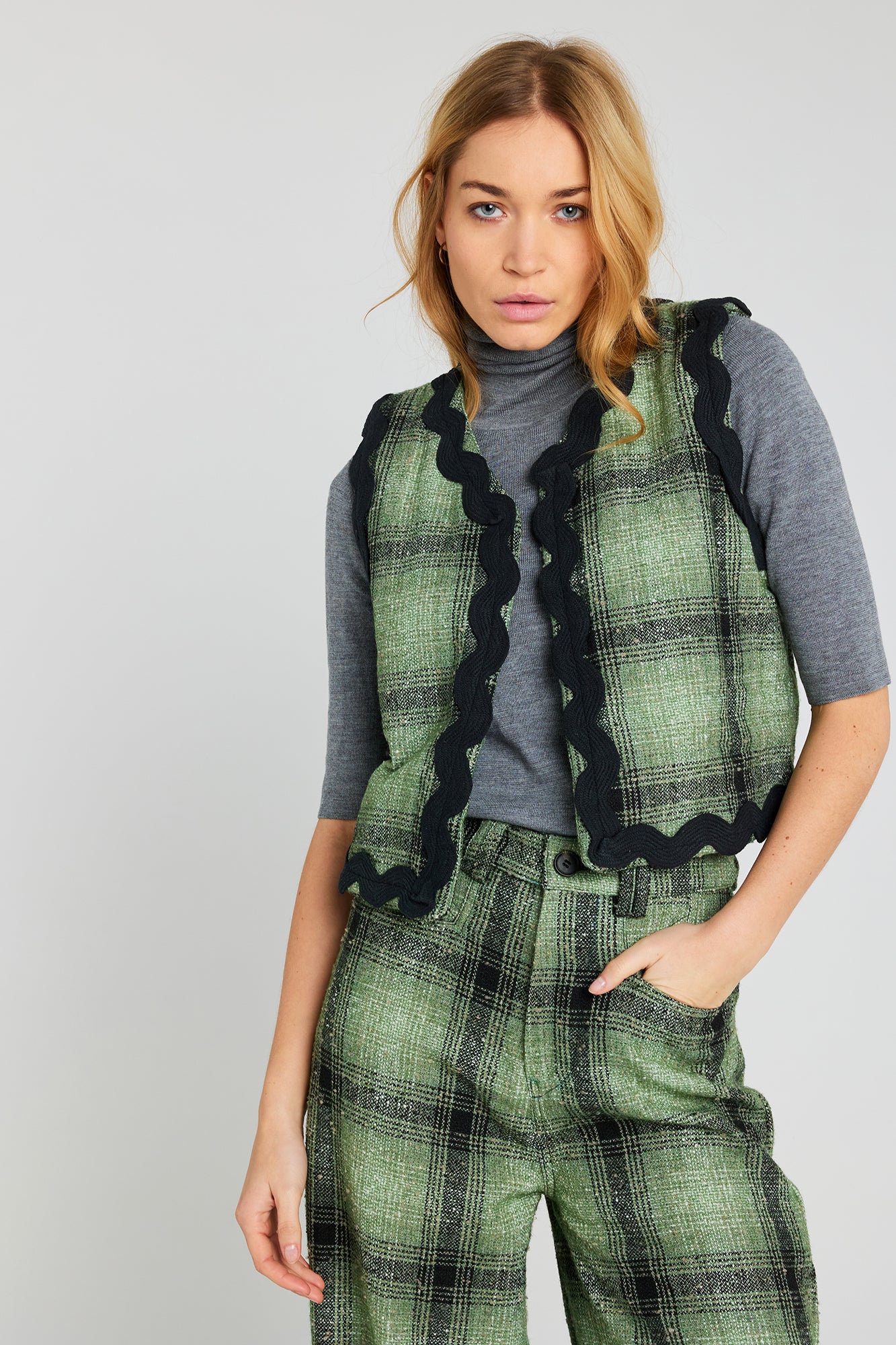 Boléro en tweed à carreaux vert FREE