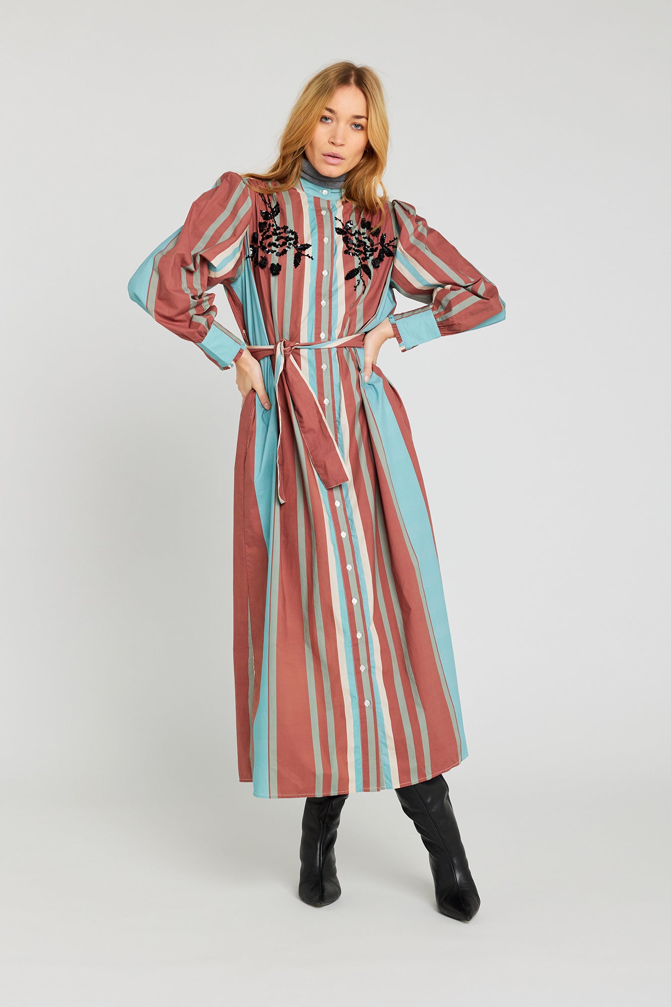 Beaded shirt dress with blue and terracotta stripes