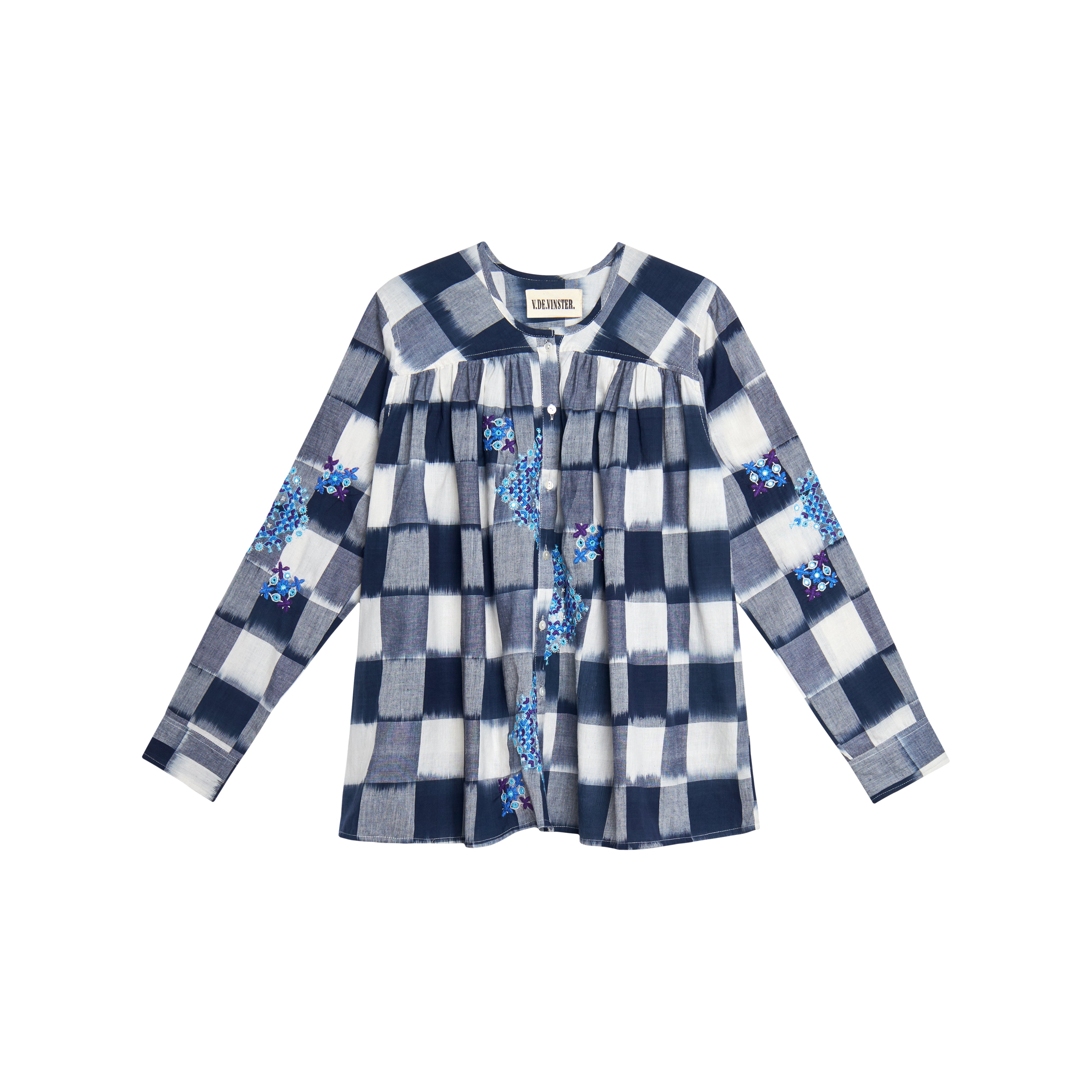 Blouse indigo à carreaux brodés Inji Ikat