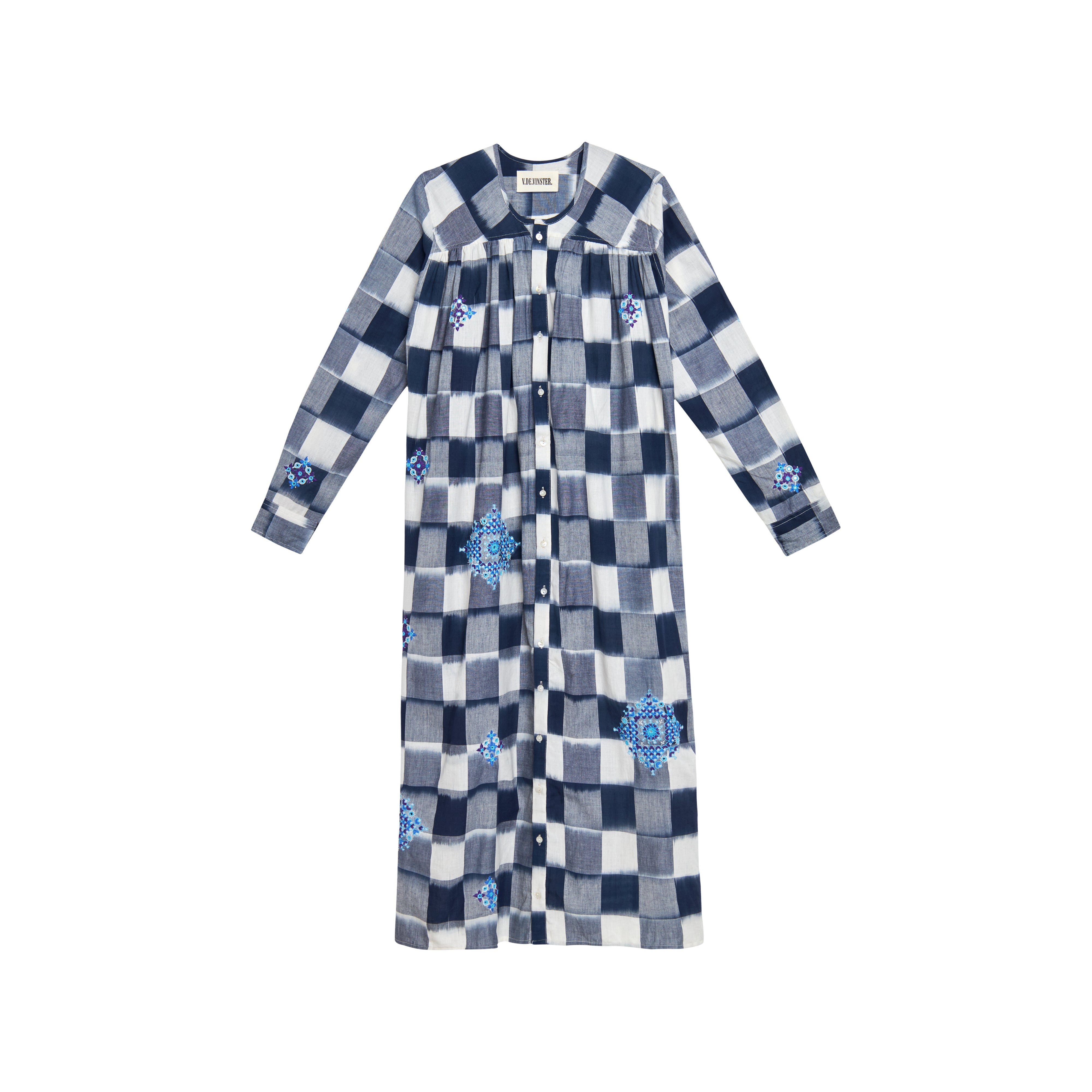 Robe longue à carreaux bleu marine brodée Inji Ikat