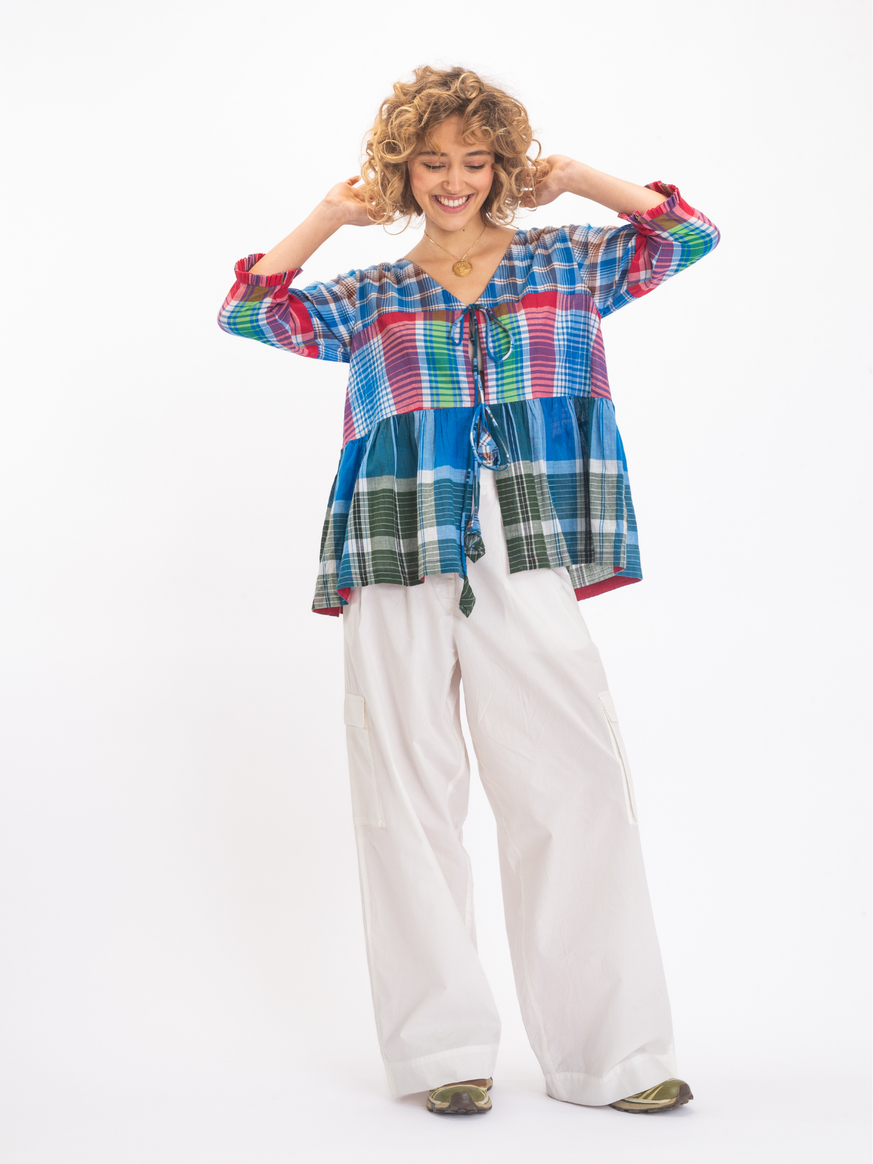 v de vinster blouse bleu carreaux