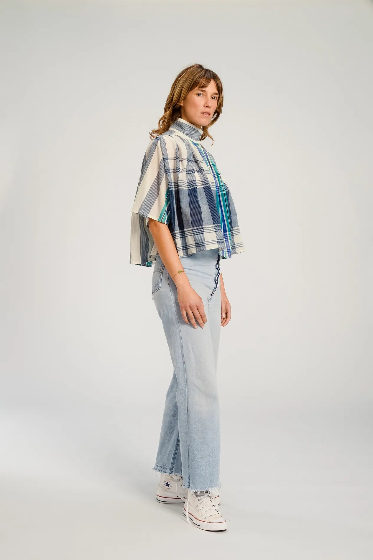 Blouse bleue à carreaux SAKAI