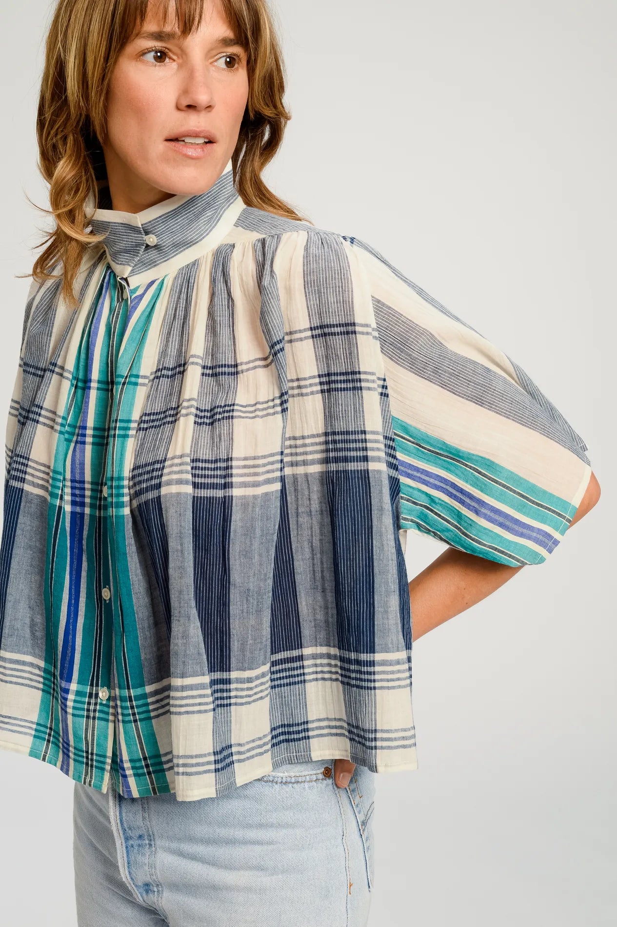 Blouse bleue à carreaux SAKAI