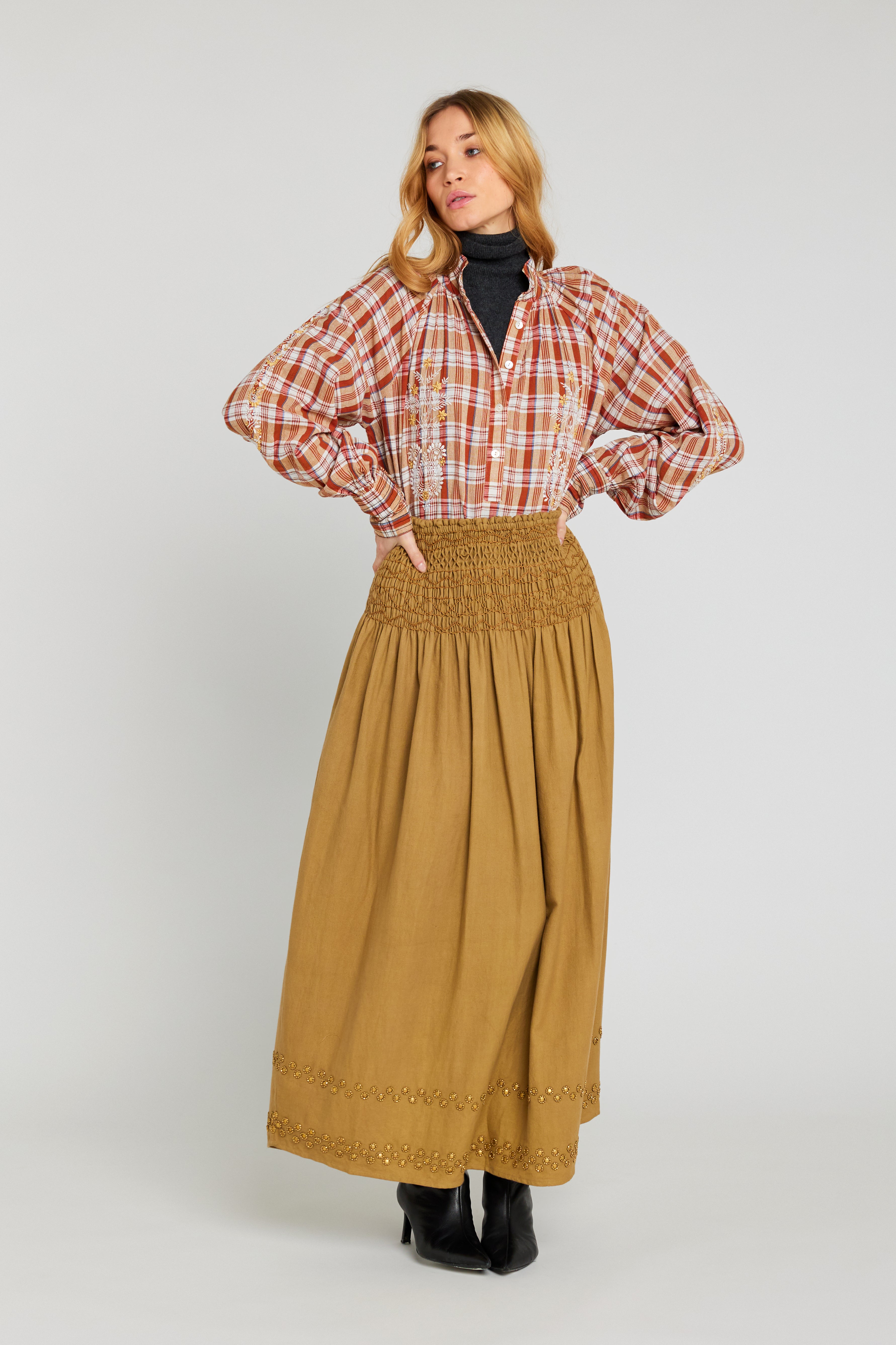 SURPRISE embroidered brick and camel tartan blouse