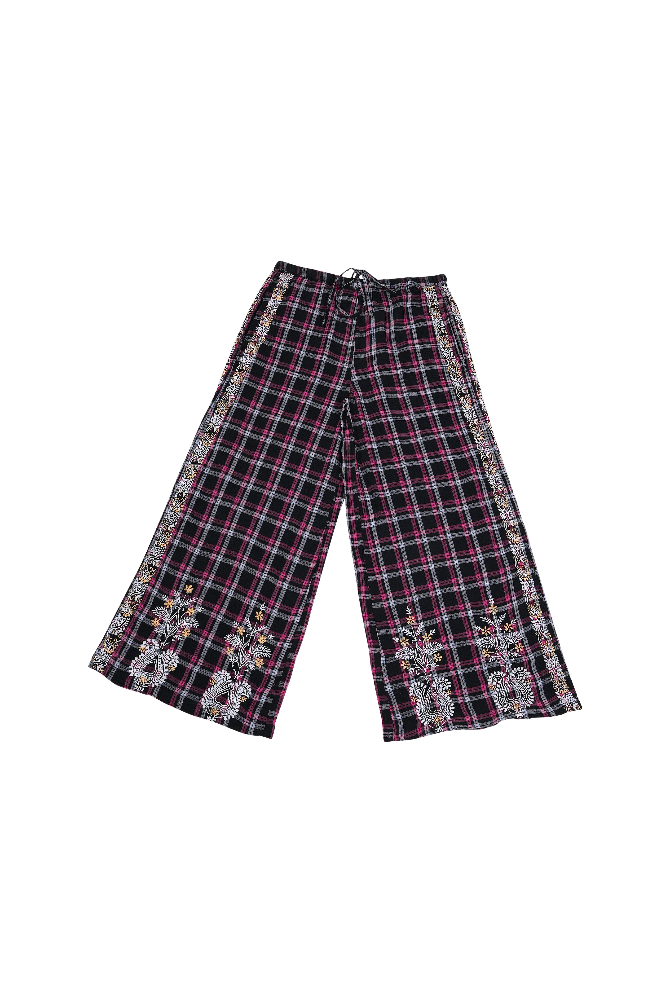 Pantalon tartan noir et rose brodé SURPRISE