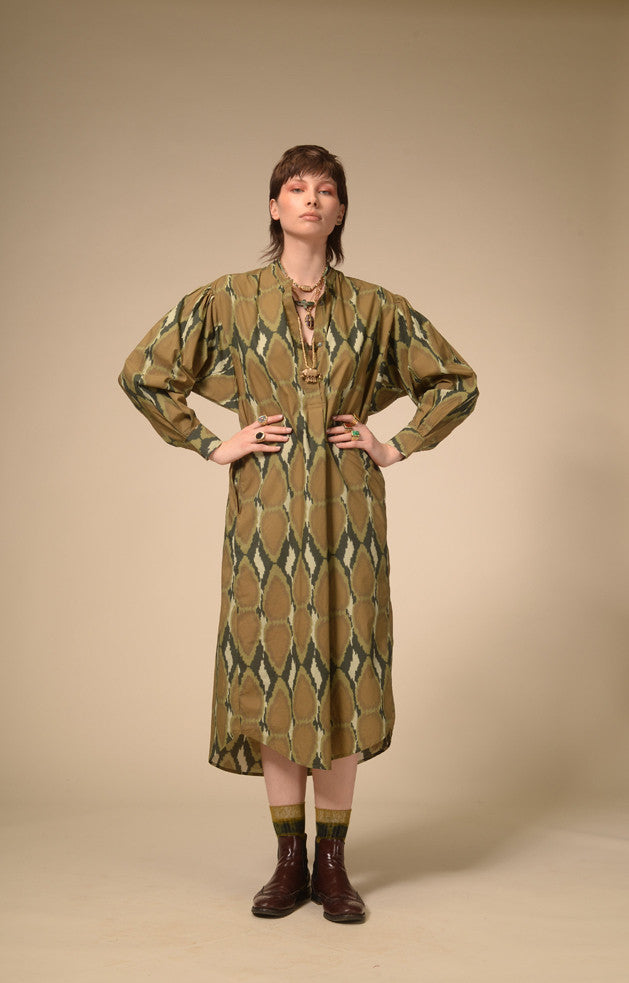 Robe coton imprimé kaki Ikat