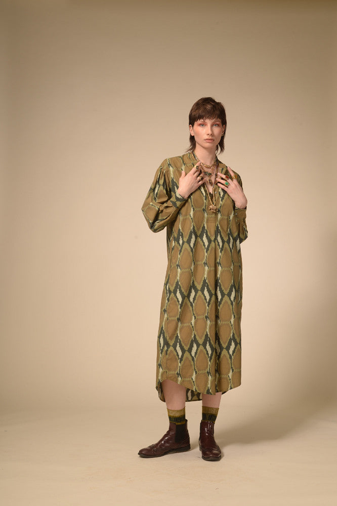 Robe coton imprimé kaki Ikat