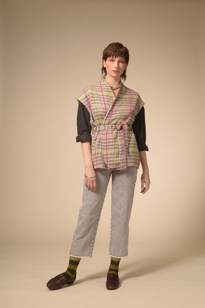 Kimono sans manches tartan tissé Manali
