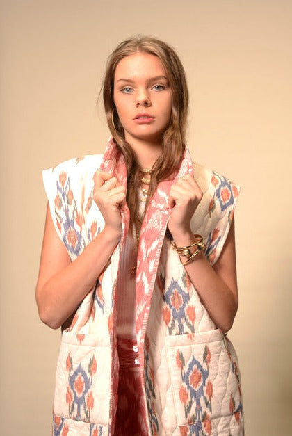 Kimono sans manches réversible crème rose Ikat