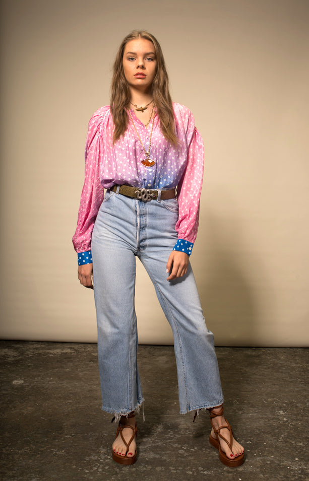 Blouse en soie Tie and Dye rose Bandhani