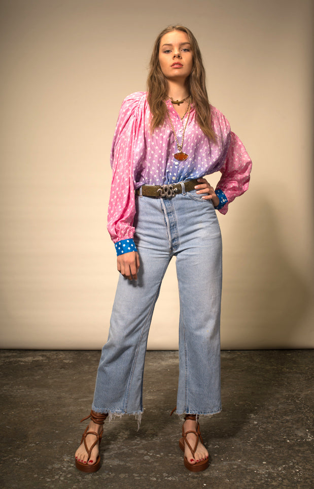 Blouse en soie Tie and Dye rose Bandhani