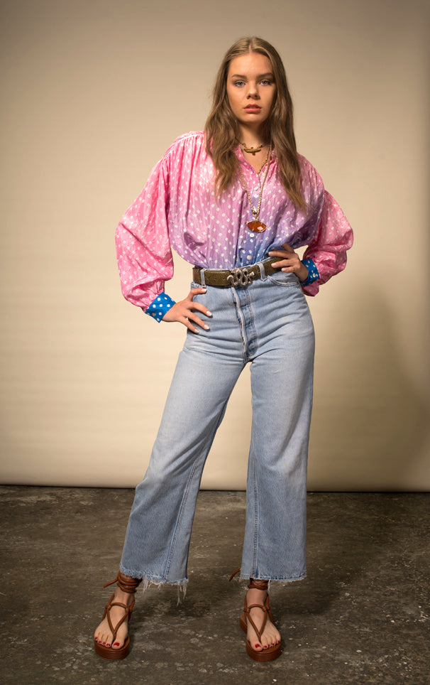 Blouse en soie Tie and Dye rose Bandhani