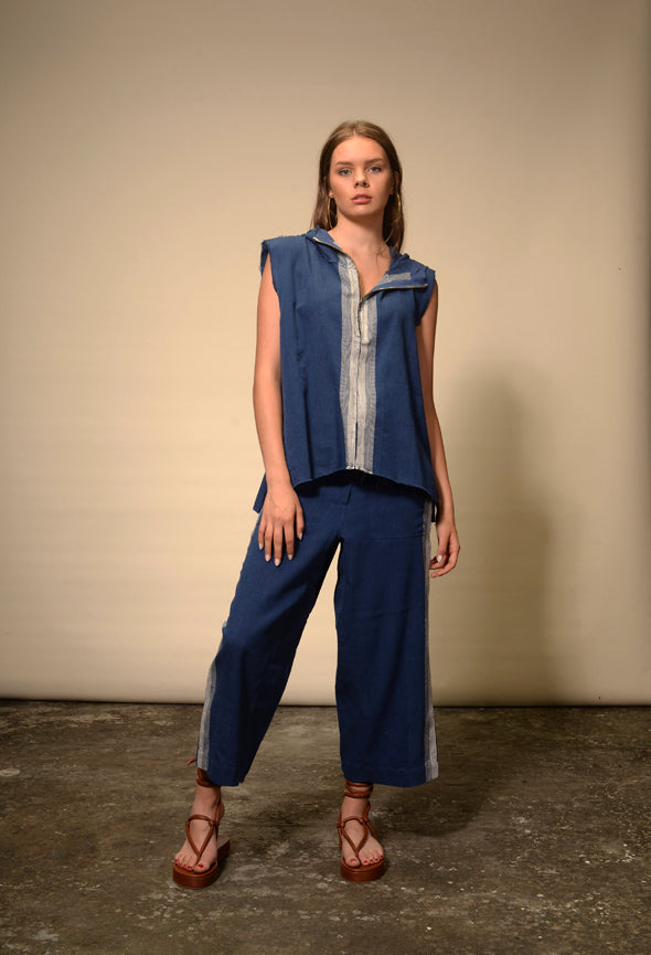 Hoodie à capuche zippé à carreaux indigo Durga