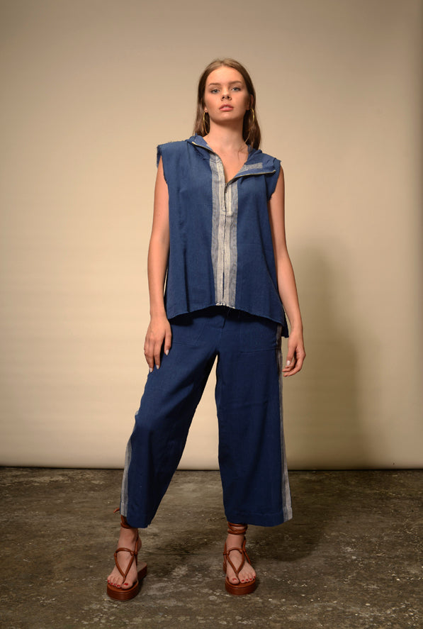 Hoodie à capuche zippé à carreaux indigo Durga