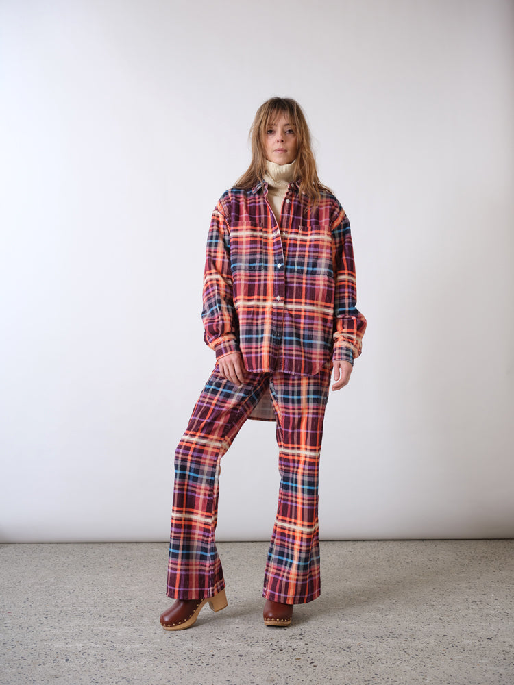 Sur-chemise en tartan velours côtelé rose Corduroy