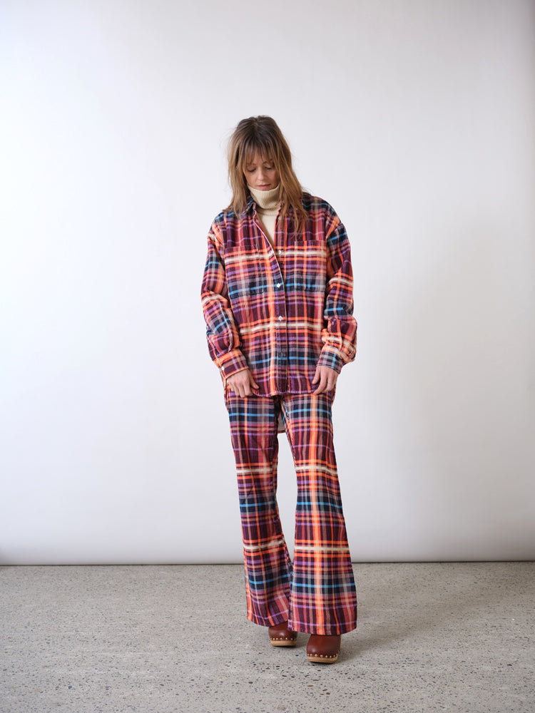 Sur-chemise en tartan velours côtelé rose Corduroy