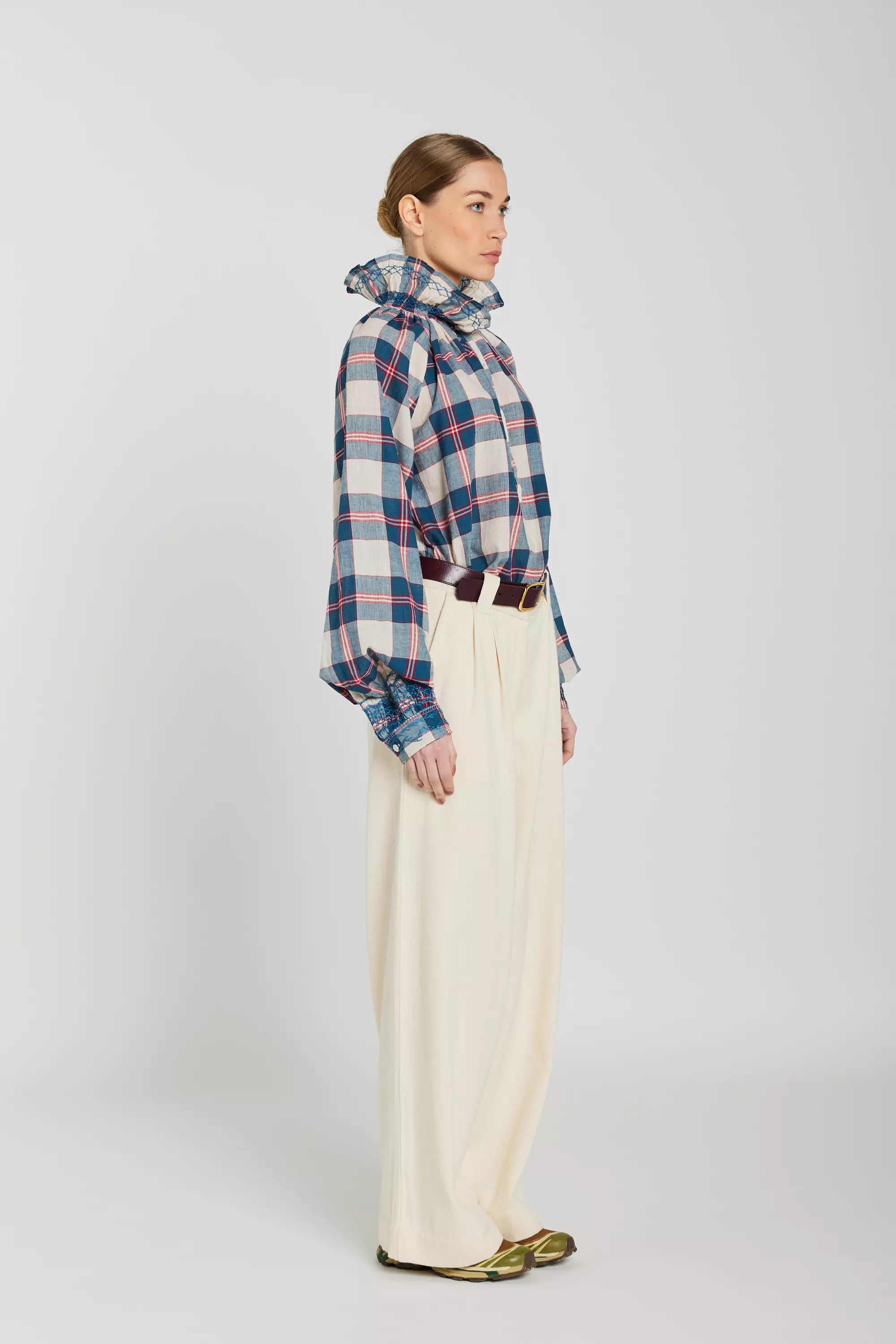 v de vinster bleue blouse col tartan 