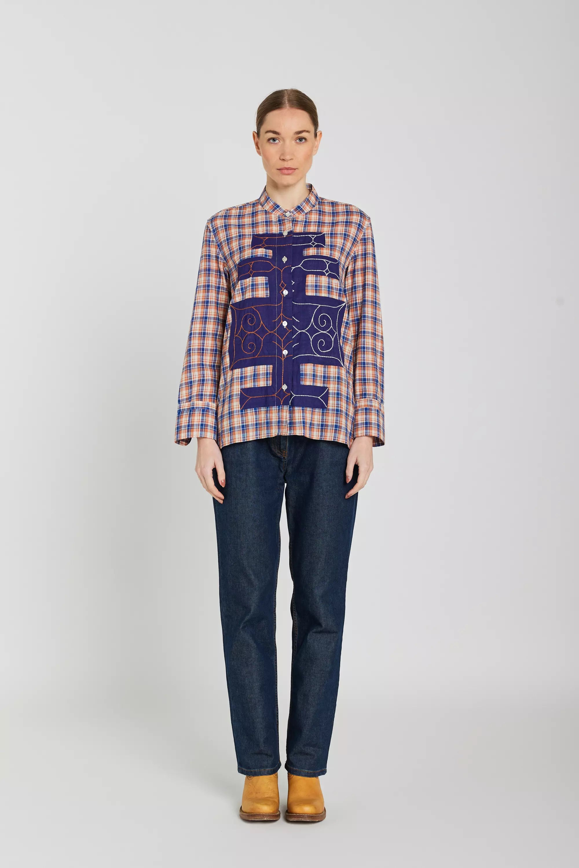 chemise col mao orange bleu v de vinster