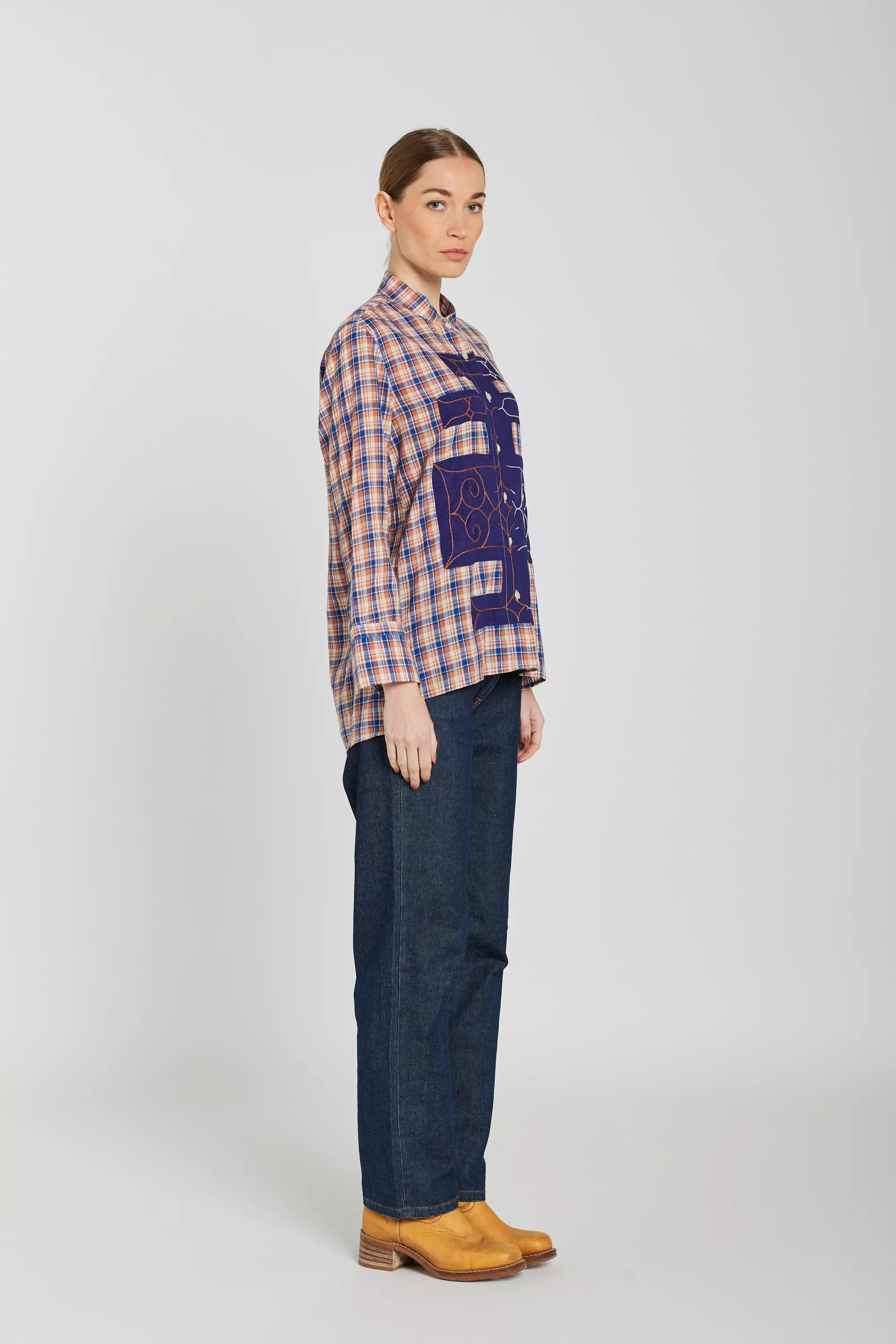 orange bleu v de vinster chemise col mão 