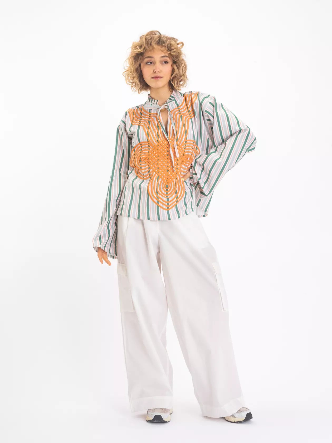 Blouse à rayures oranges brodée GANGA