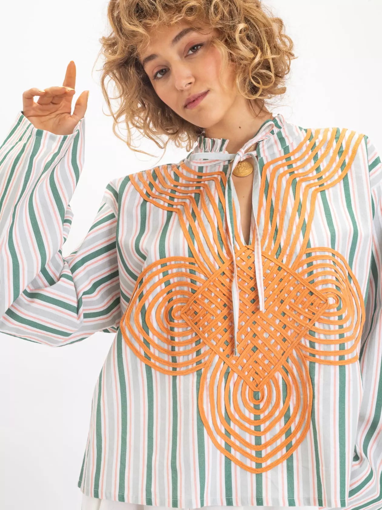 Blouse à rayures oranges brodée GANGA