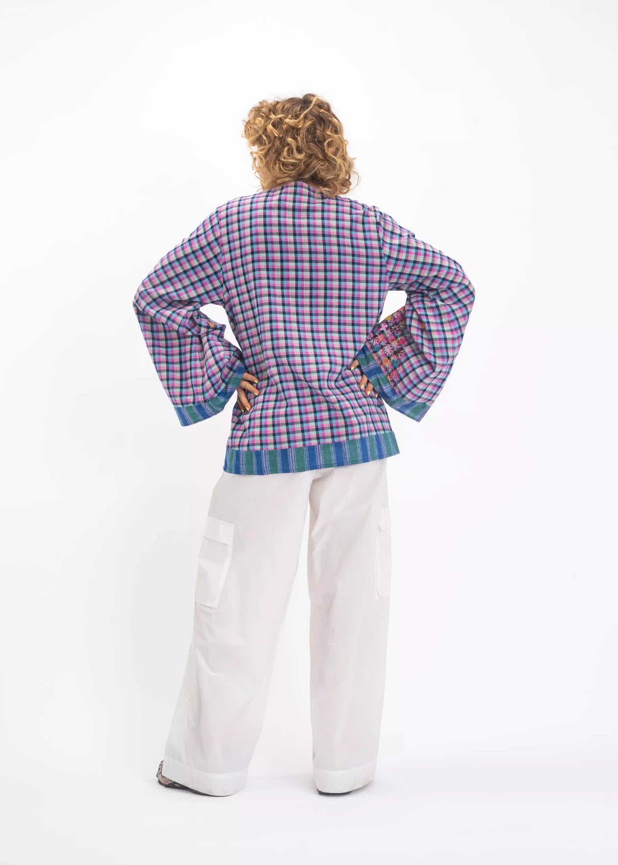 v de vinster blouse bleue brodée tartan
