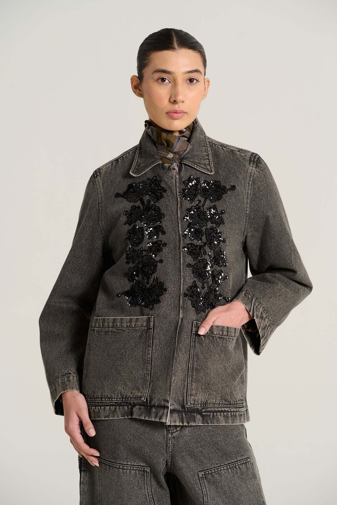 Veste denim noir brodé EMILE