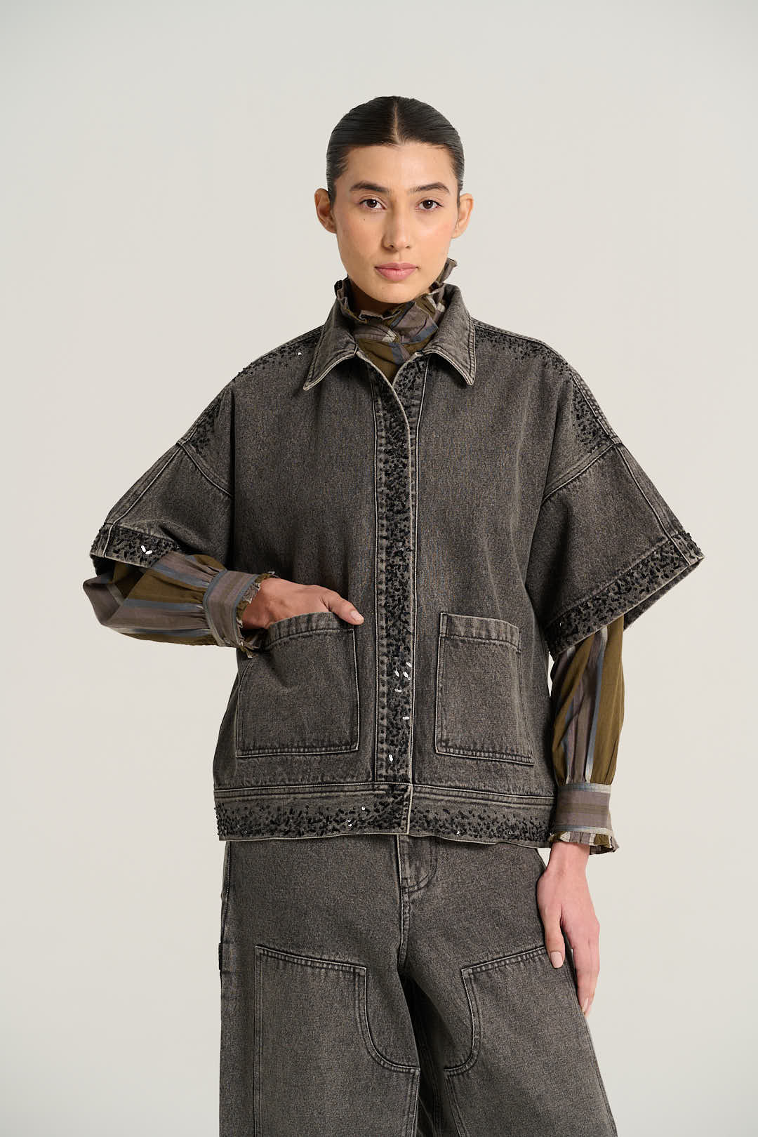 Veste à manches courtes denim noir EMILE