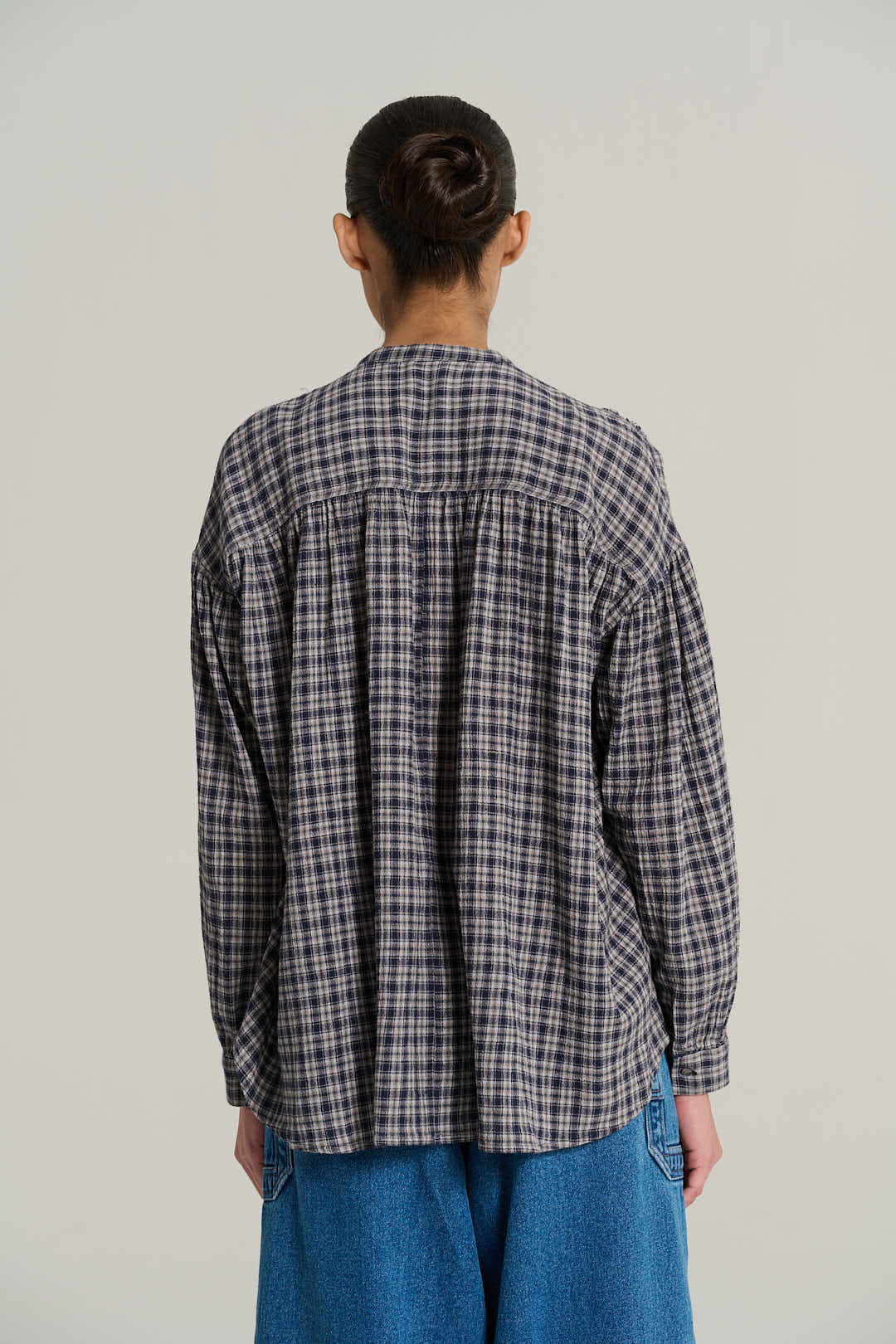 Navy plaid mandarin collar shirt PABLO