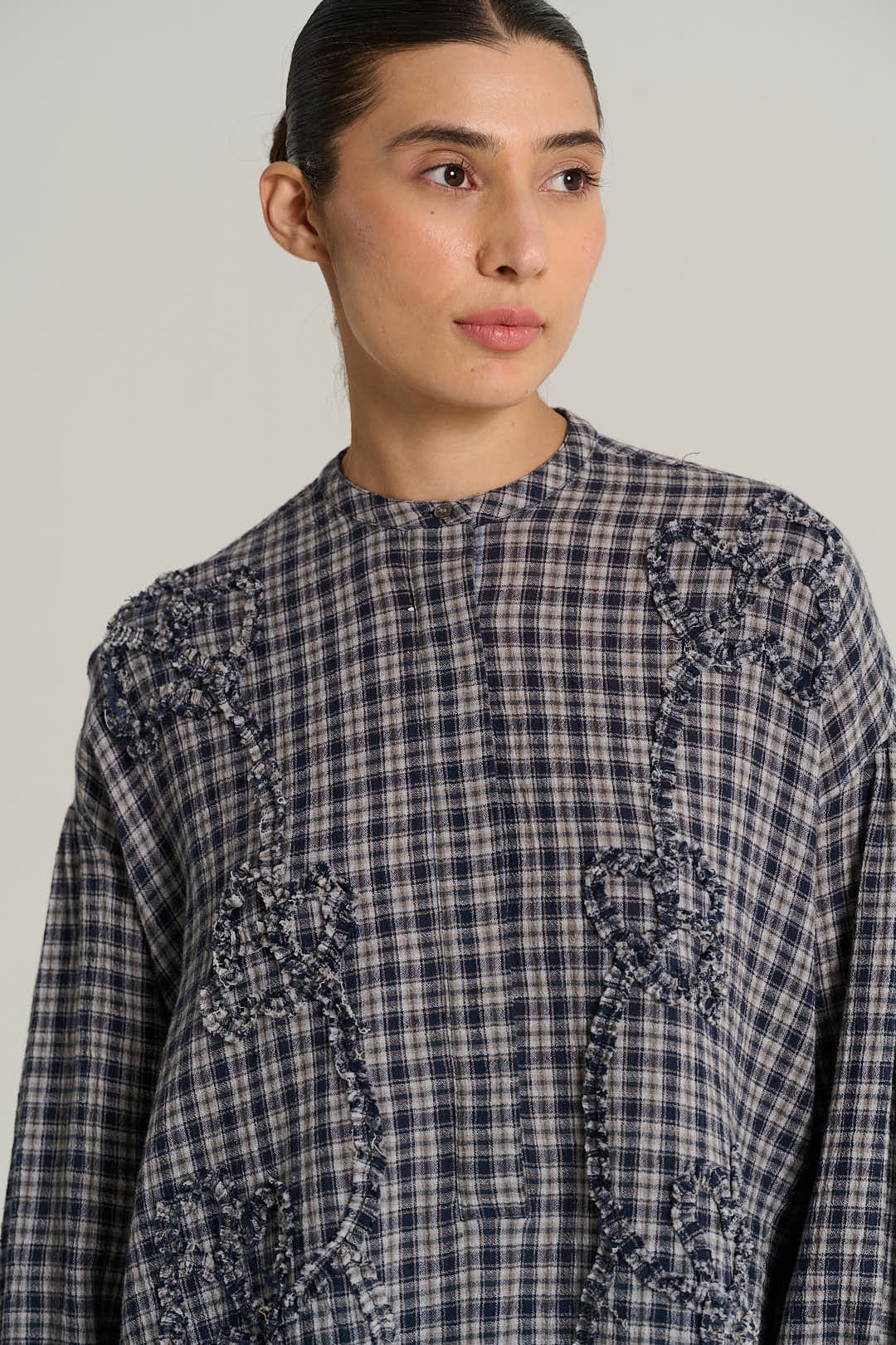 Navy plaid mandarin collar shirt PABLO