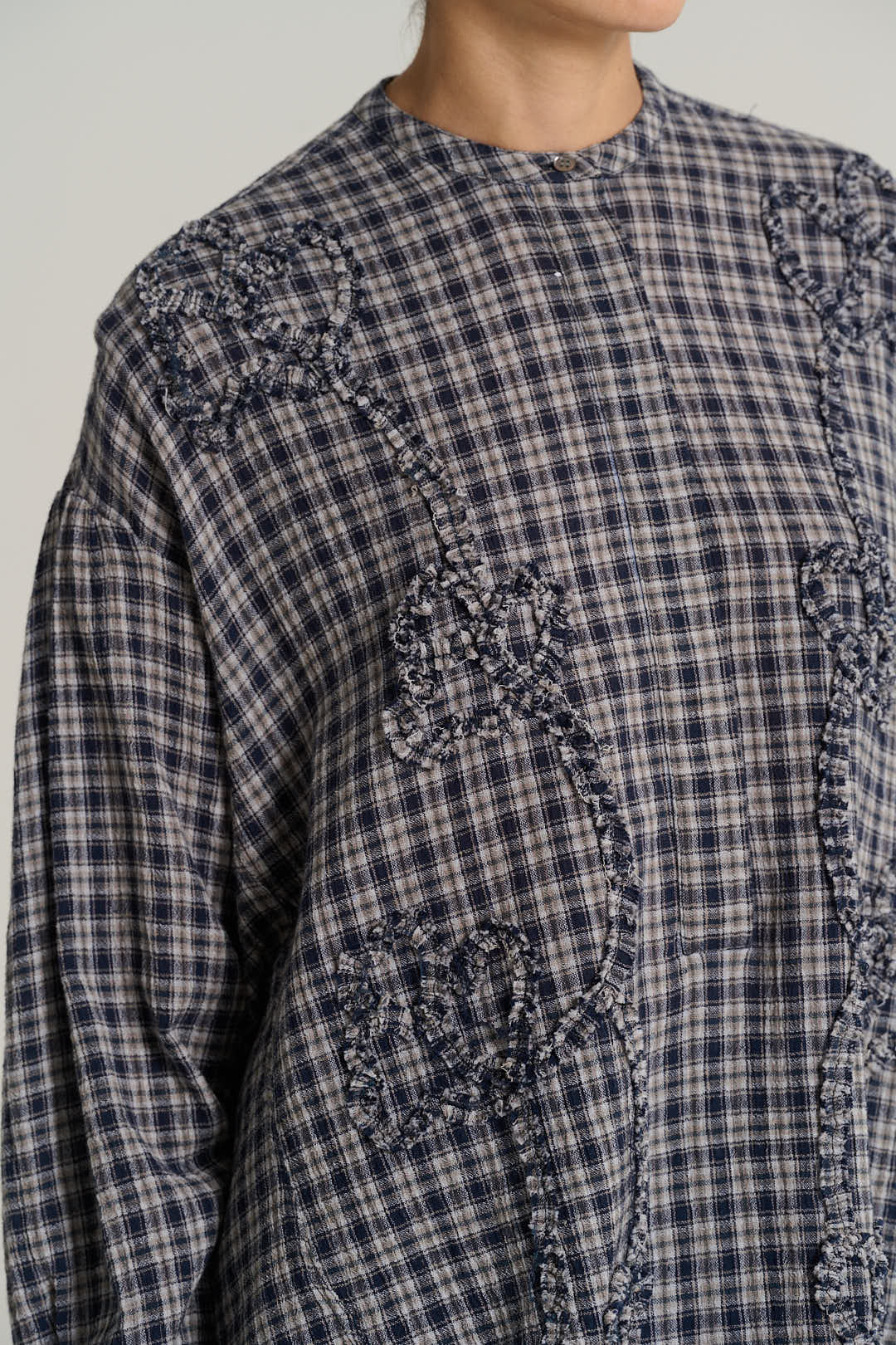 Navy plaid mandarin collar shirt PABLO