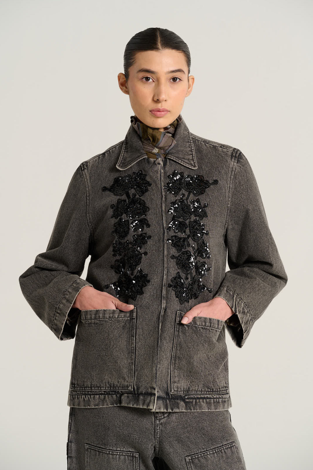 Veste denim noir brodé EMILE