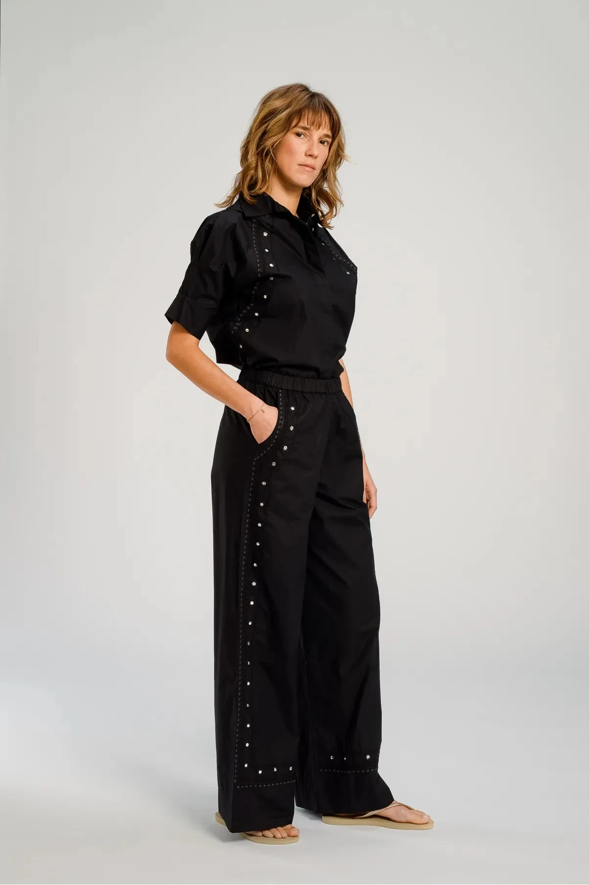 coton noir v de vinster brodé pantalon 