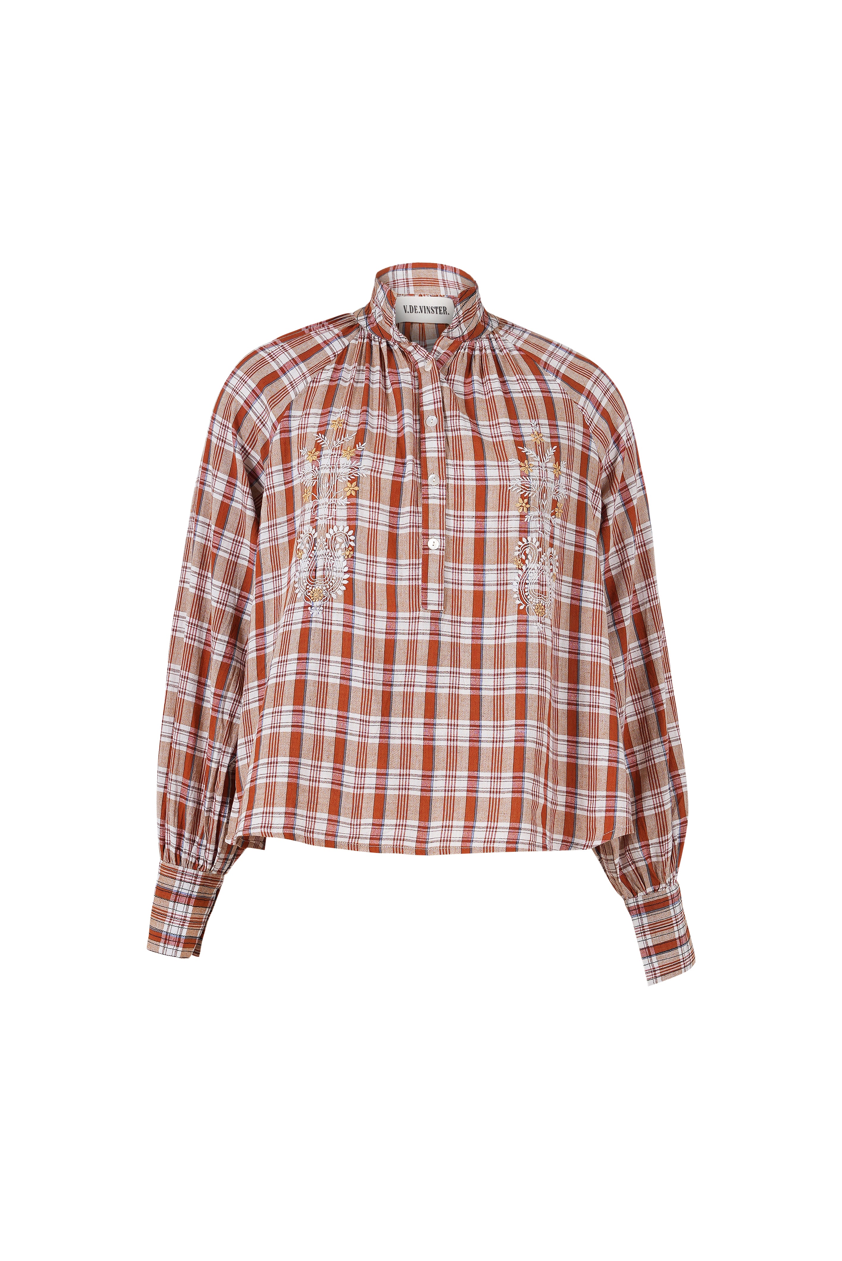 Blouse tartan brique et camel brodée SURPRISE