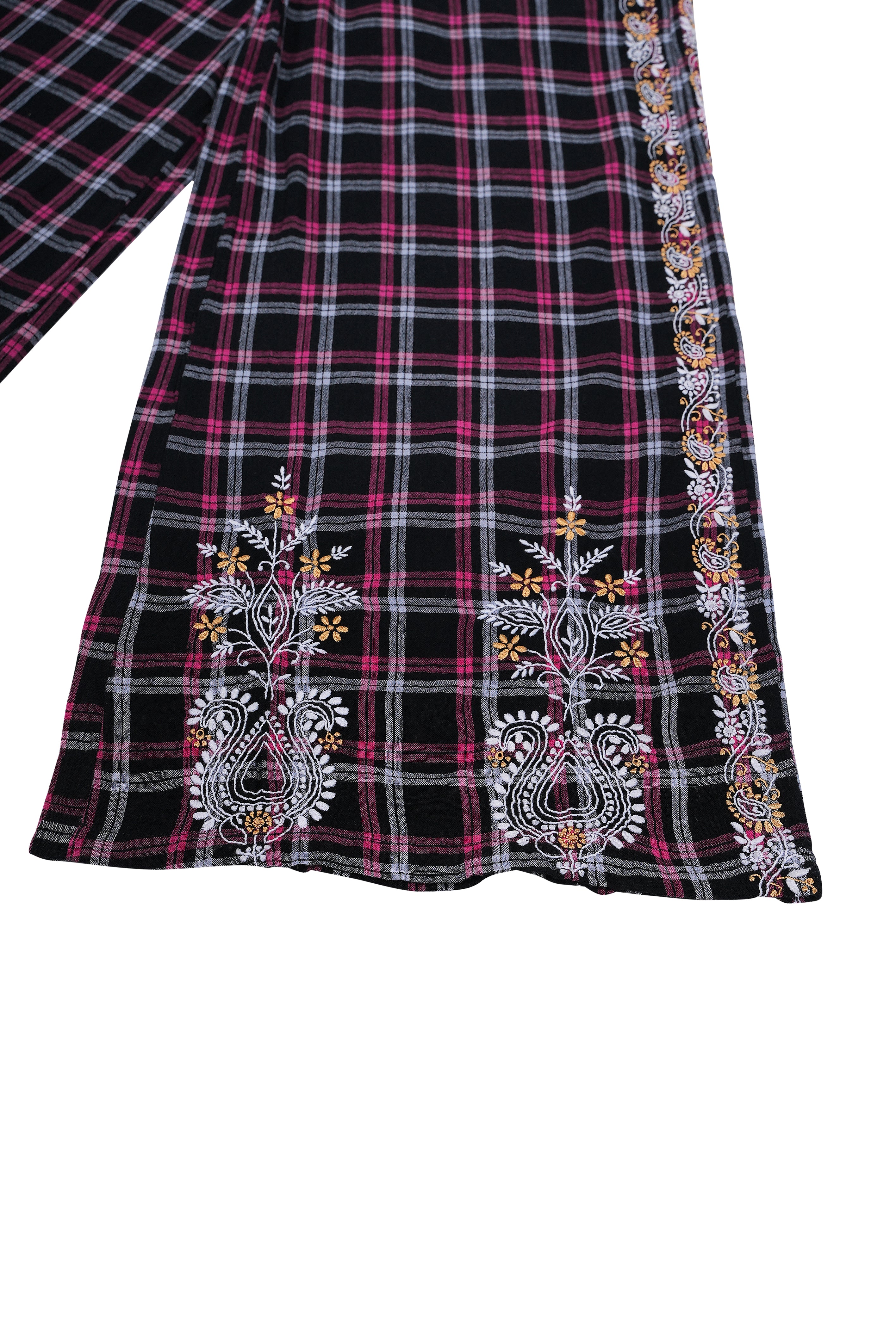 Pantalon tartan noir et rose brodé SURPRISE