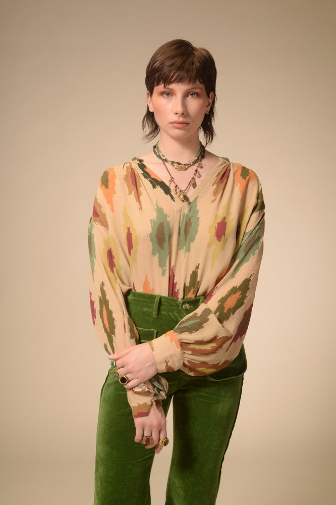 Blouse beige imprimée Ikat