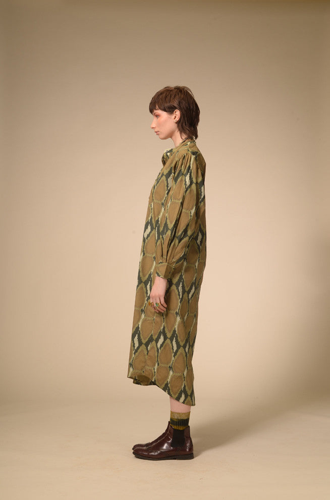 Robe coton imprimé kaki Ikat